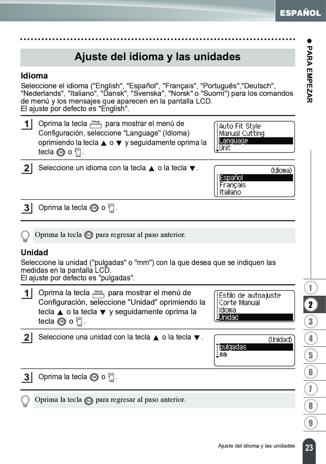 Brother PT-2700 manual Ajuste del idioma y las unidades, Idioma, Unidad 