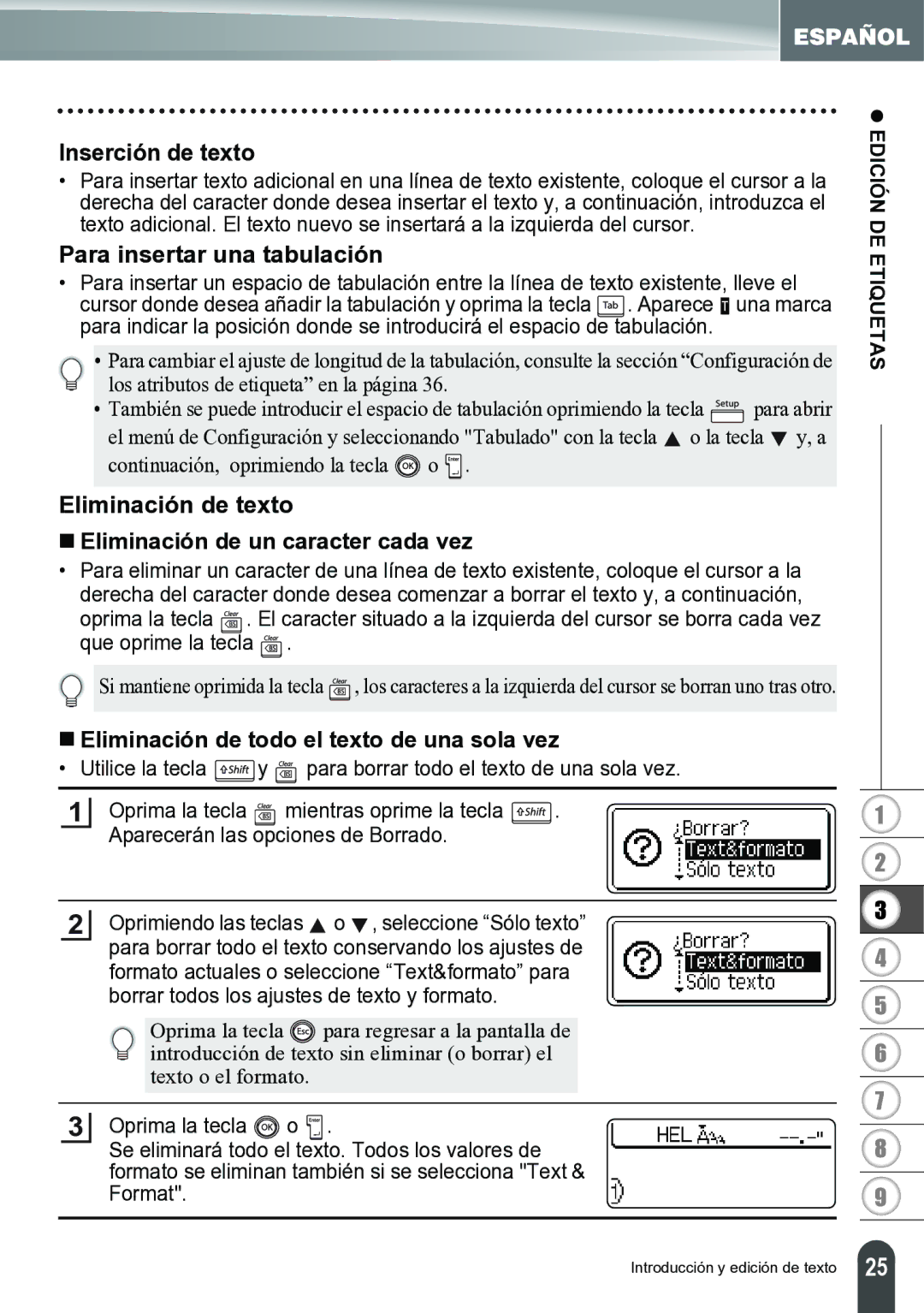 Brother PT-2700 manual Inserción de texto, Para insertar una tabulación, Eliminación de texto, Edición DE Etiquetas 