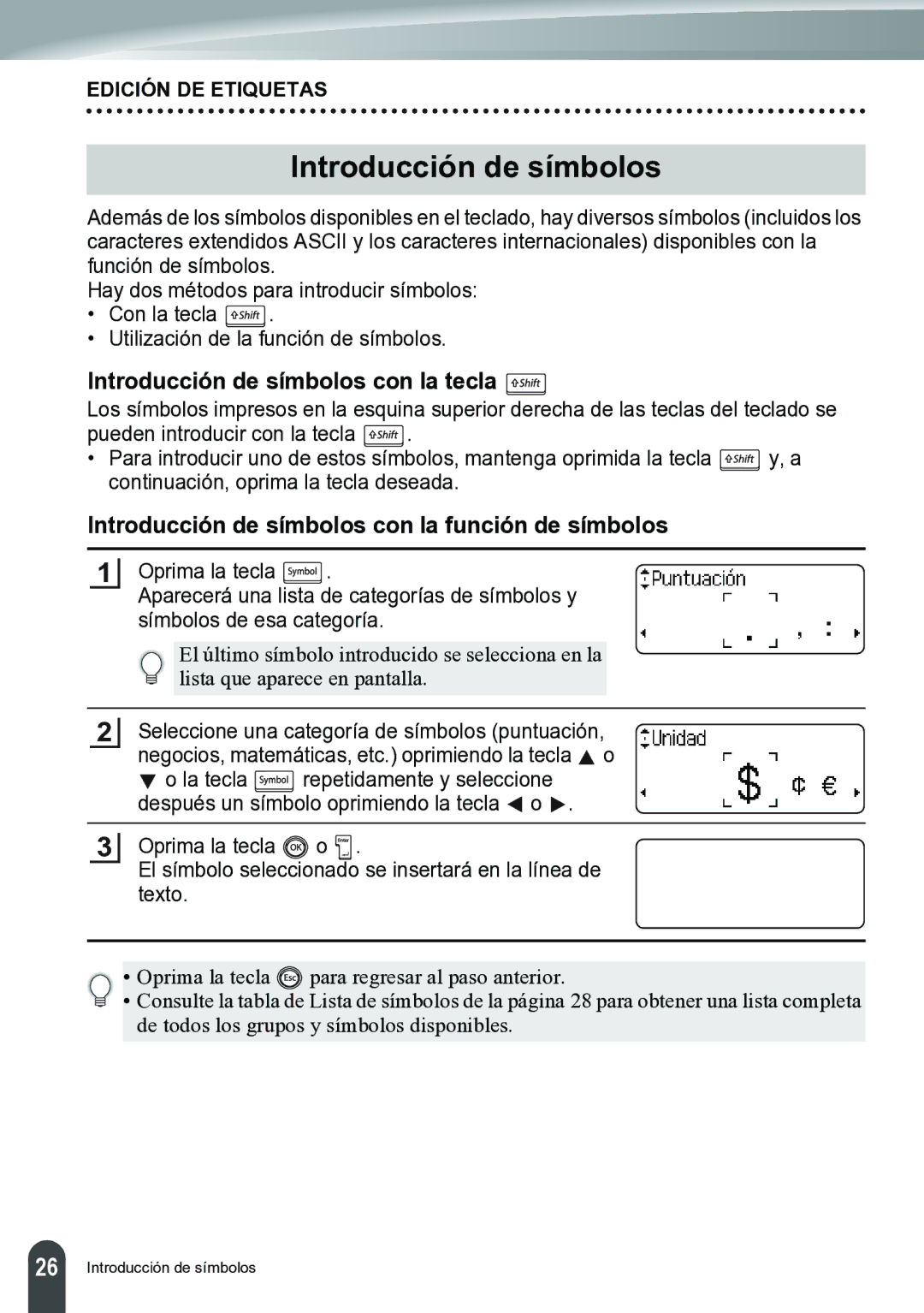 Brother PT-2700 manual Introducción de símbolos con la tecla, Introducción de símbolos con la función de símbolos 