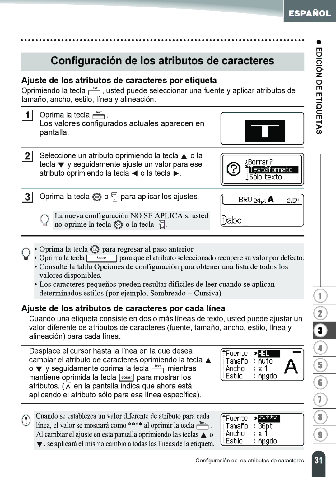 Brother PT-2700 manual Configuración de los atributos de caracteres, Ajuste de los atributos de caracteres por etiqueta 