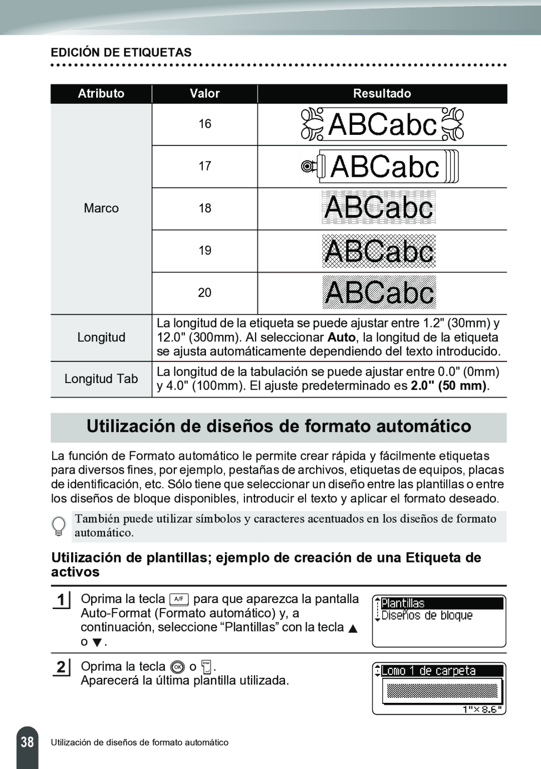 Brother PT-2700 manual Utilización de diseños de formato automático 