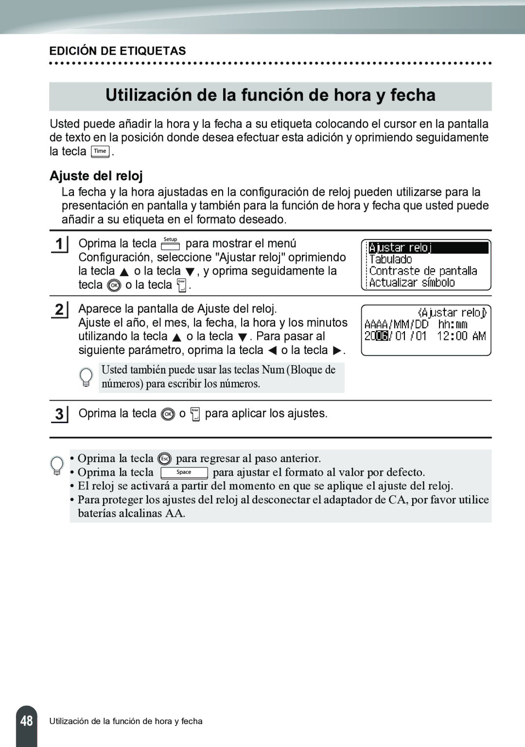 Brother PT-2700 manual Utilización de la función de hora y fecha, Ajuste del reloj 