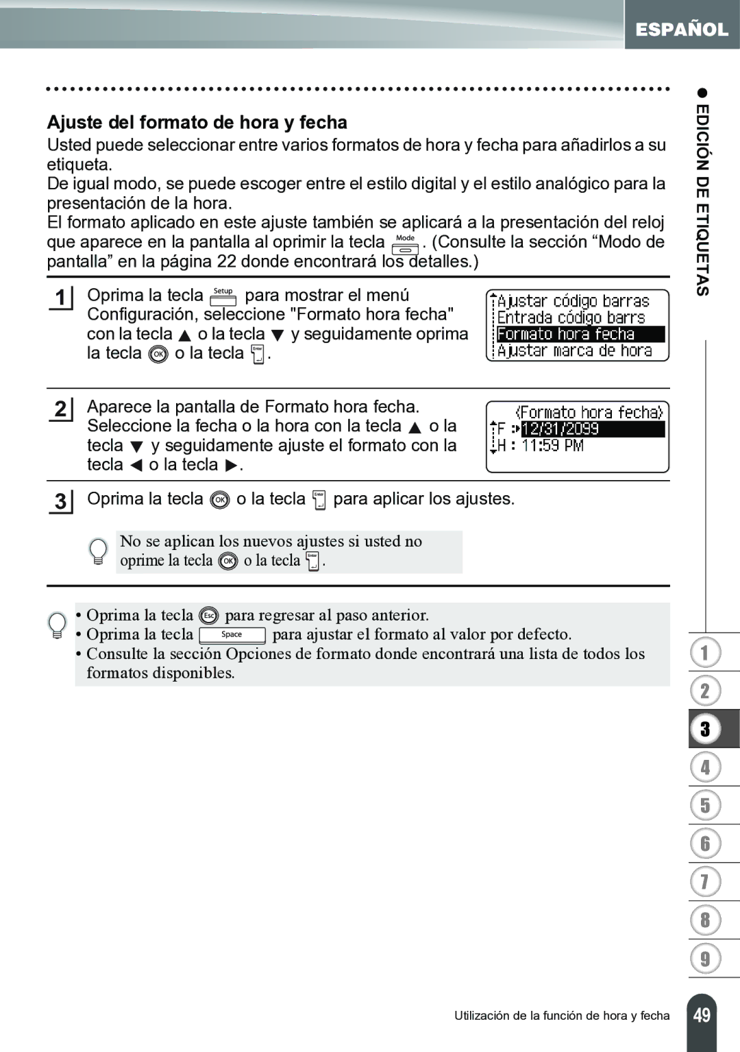 Brother PT-2700 manual Ajuste del formato de hora y fecha 