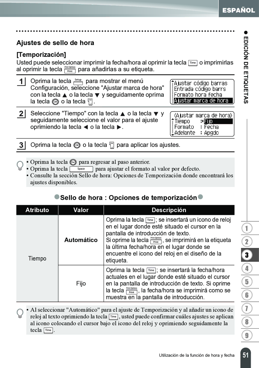 Brother PT-2700 manual Ajustes de sello de hora Temporización, ZSello de hora Opciones de temporizaciónz 