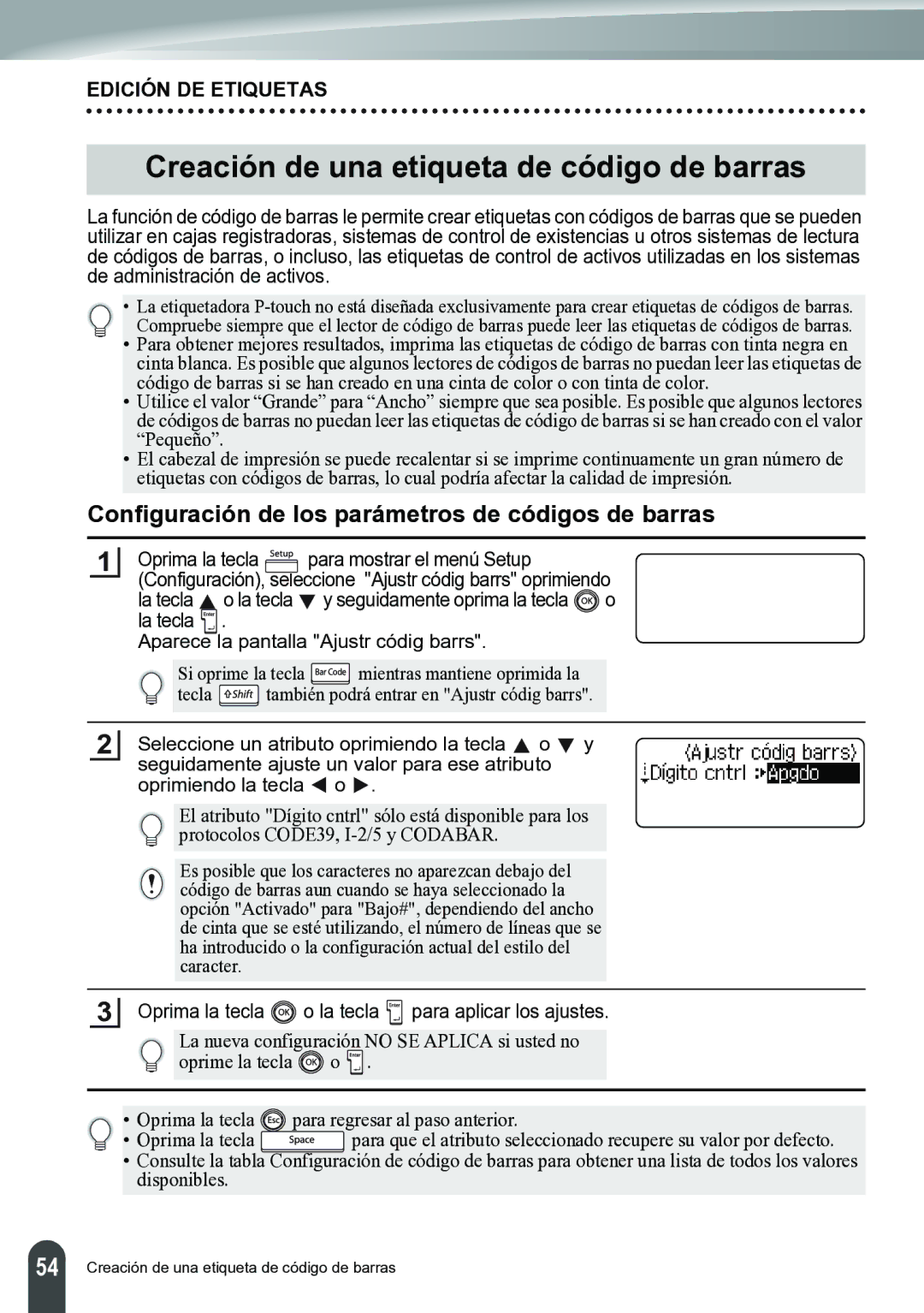 Brother PT-2700 manual Creación de una etiqueta de código de barras, Configuración de los parámetros de códigos de barras 