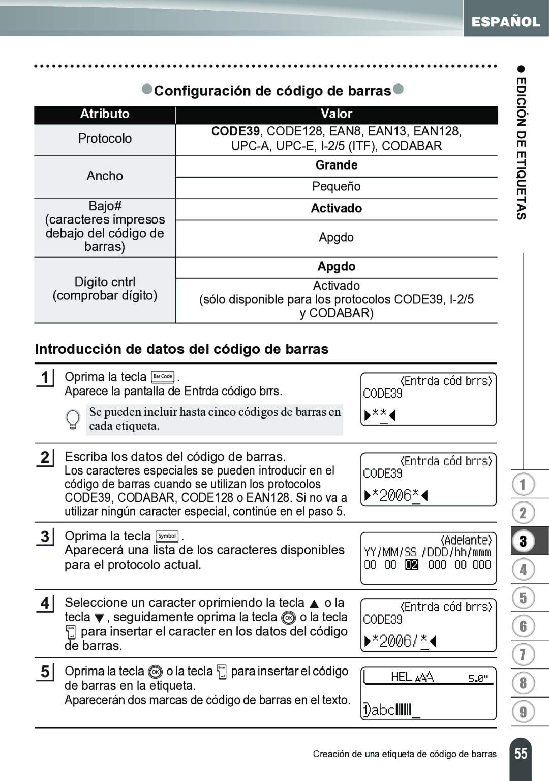 Brother PT-2700 manual ZConfiguración de código de barrasz, Introducción de datos del código de barras 