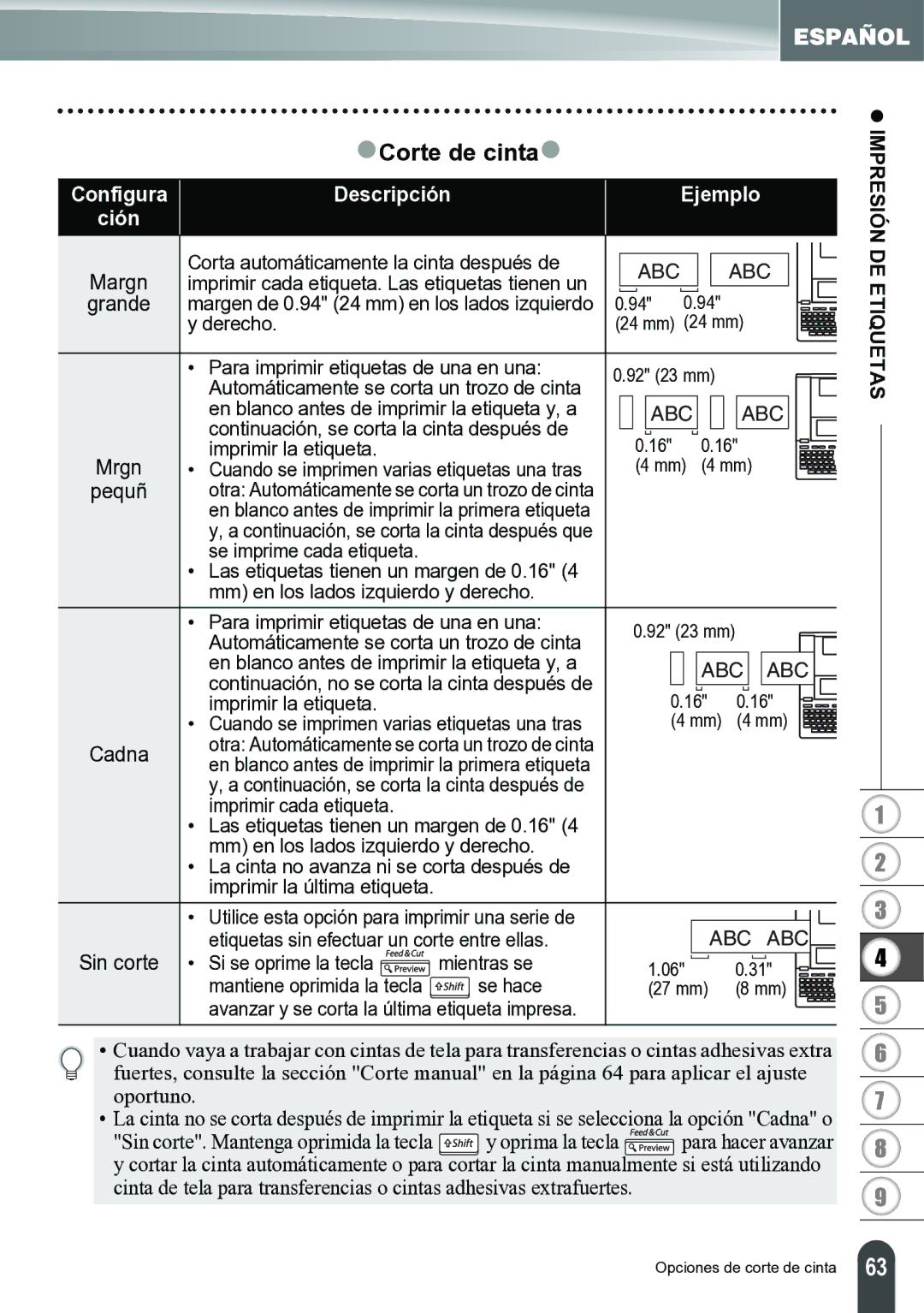 Brother PT-2700 manual ZCorte de cintaz, Configura Descripción Ejemplo 