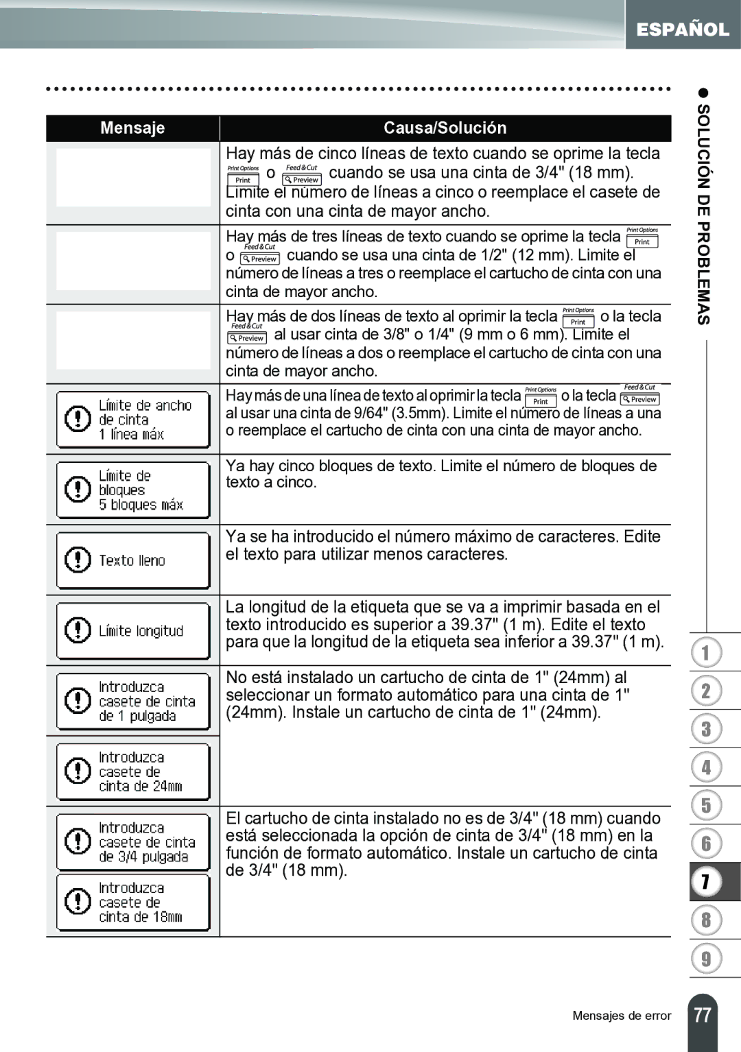 Brother PT-2700 manual Hay más de cinco líneas de texto cuando se oprime la tecla, Cuando se usa una cinta de 3/4 18 mm 