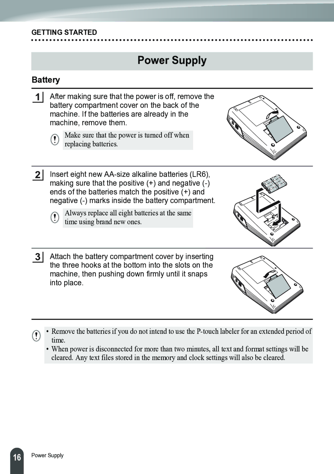 Brother PT-2700 manual Power Supply, Battery 