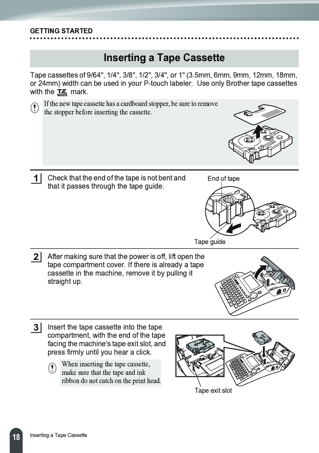 Brother PT-2700 manual Inserting a Tape Cassette, With the mark, Check that the end of the tape is not bent 