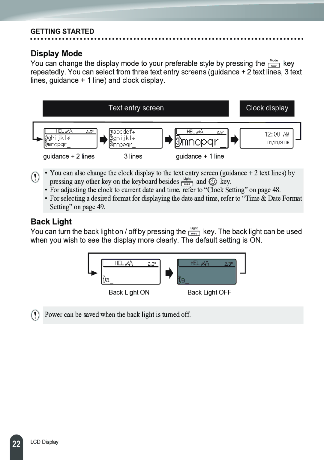 Brother PT-2700 manual Display Mode, Back Light 