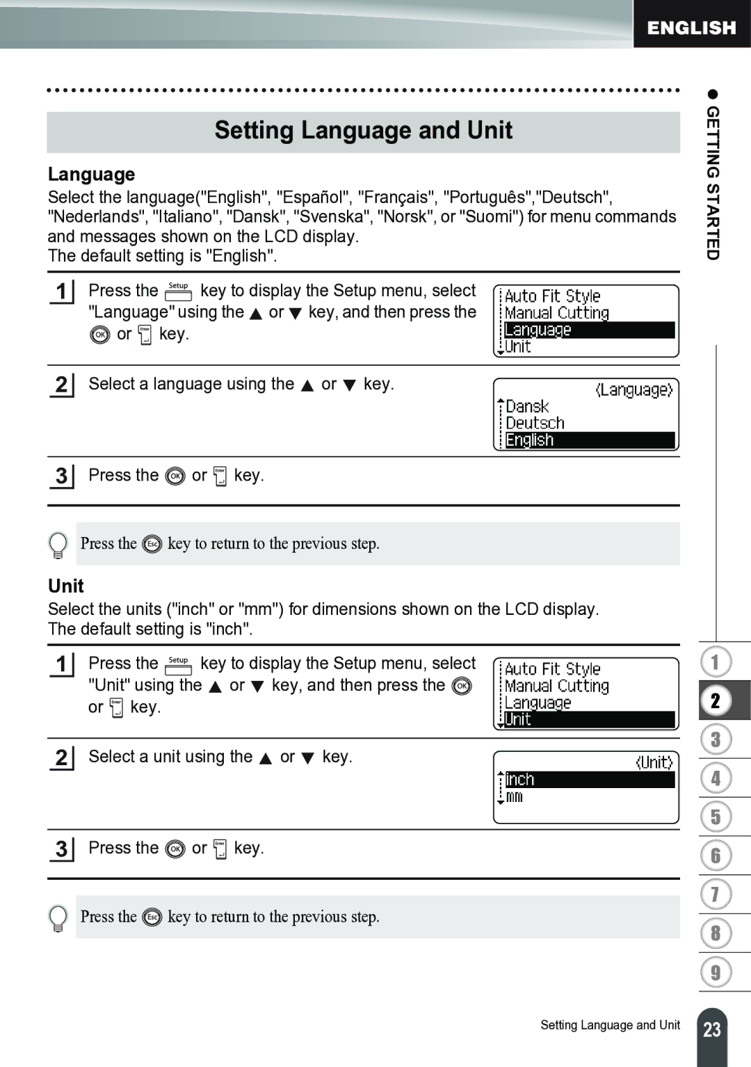 Brother PT-2700 manual Setting Language and Unit 