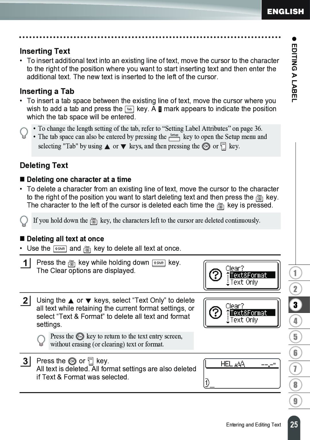 Brother PT-2700 manual Inserting Text, Inserting a Tab, Deleting Text, Editing a Label 