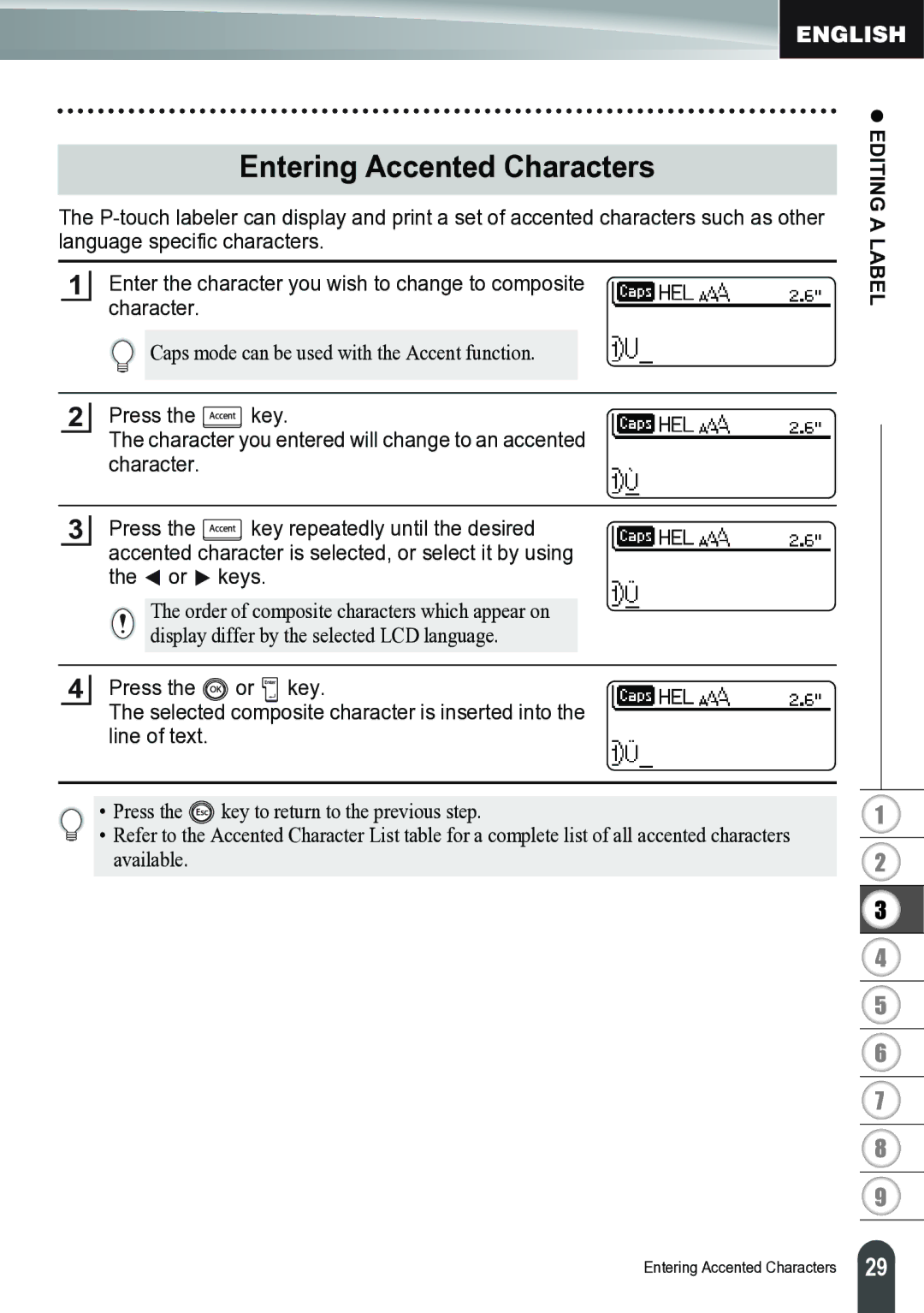 Brother PT-2700 manual Entering Accented Characters, Press Key, Line of text 