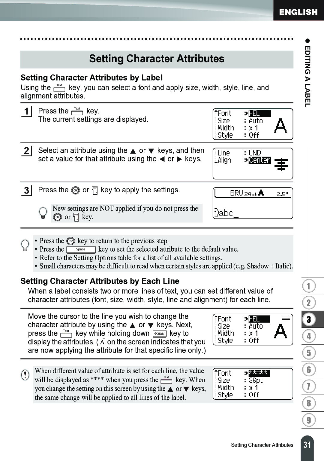 Brother PT-2700 manual Setting Character Attributes by Label, Setting Character Attributes by Each Line 