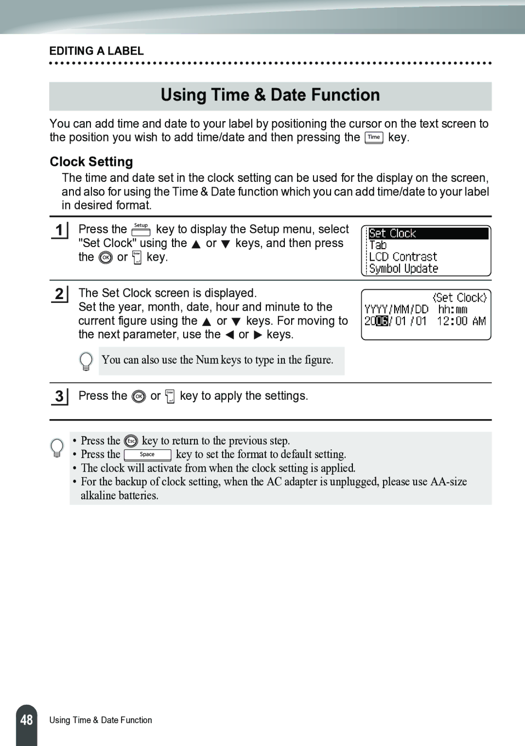 Brother PT-2700 manual Using Time & Date Function, Clock Setting 