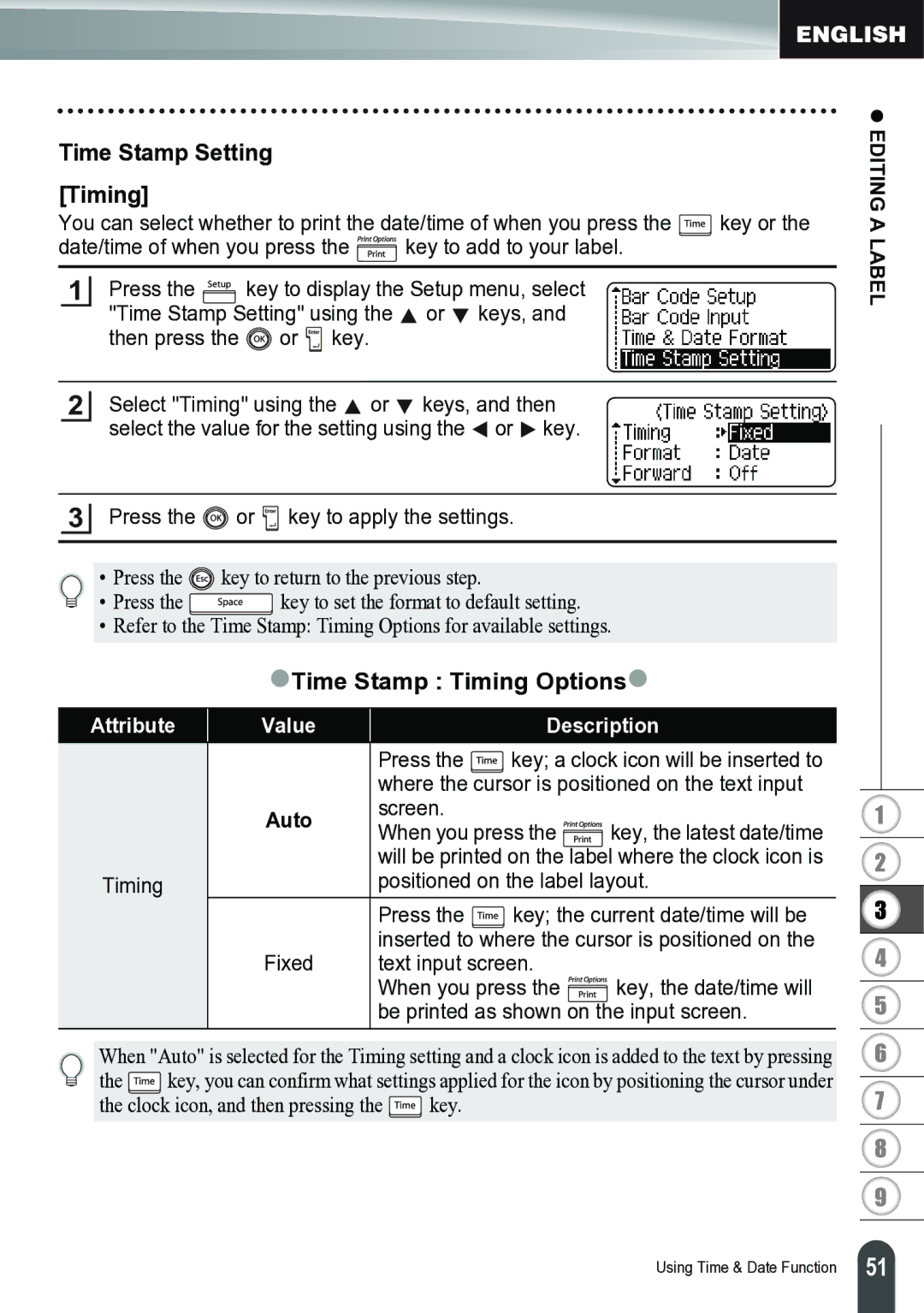 Brother PT-2700 Time Stamp Setting Timing, ZTime Stamp Timing Optionsz, Where the cursor is positioned on the text input 