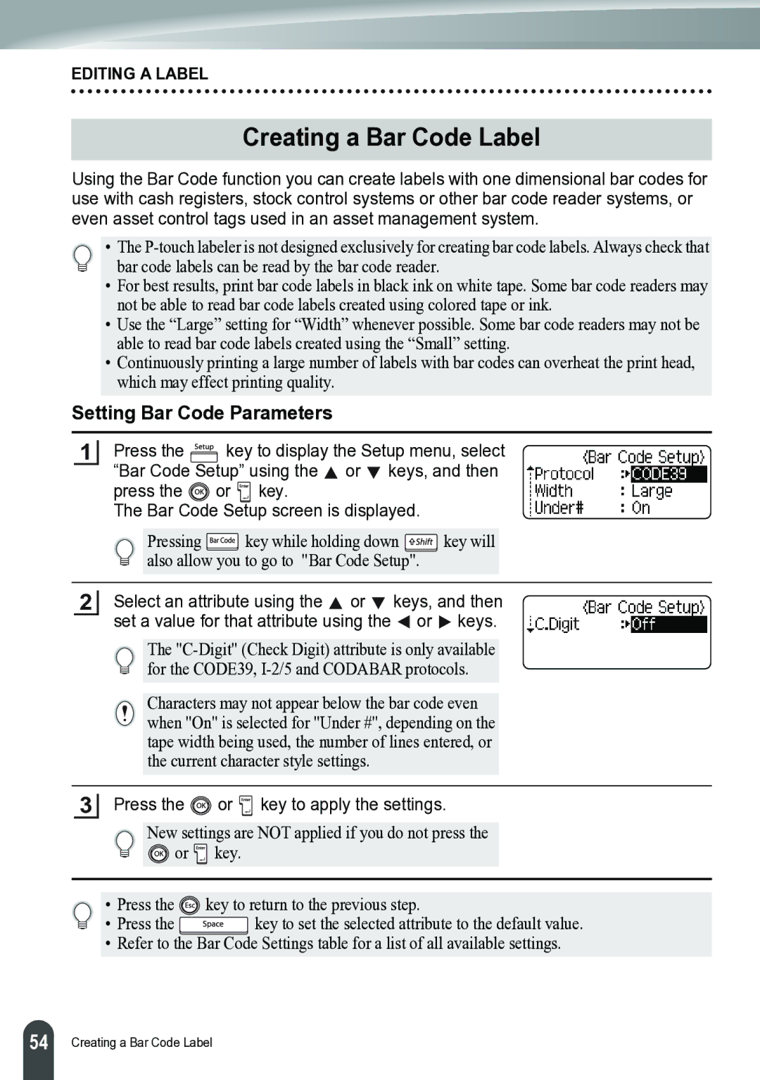 Brother PT-2700 manual Creating a Bar Code Label, Setting Bar Code Parameters 