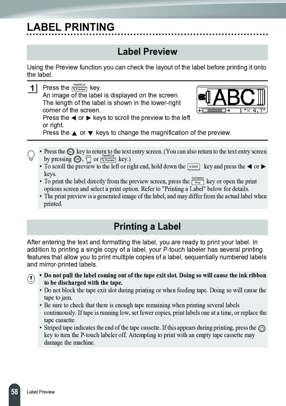 Brother PT-2700 manual Label Printing, Label Preview, Printing a Label 