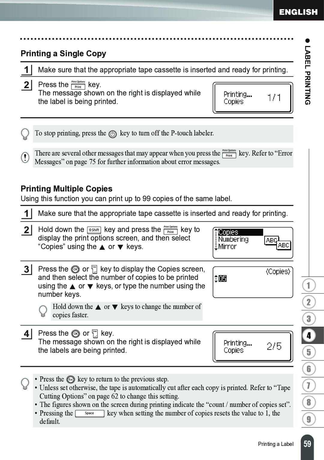 Brother PT-2700 manual Printing a Single Copy, Printing Multiple Copies, Label Printing 