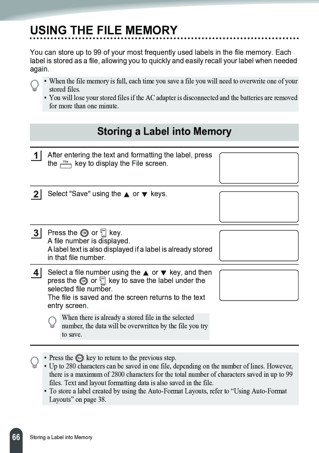 Brother PT-2700 manual Using the File Memory, Storing a Label into Memory 