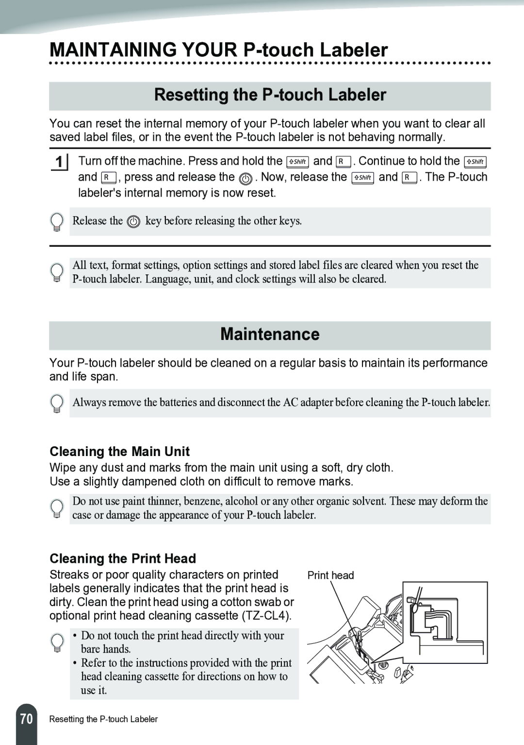 Brother PT-2700 manual Resetting the P-touch Labeler, Maintenance, Cleaning the Main Unit, Cleaning the Print Head 