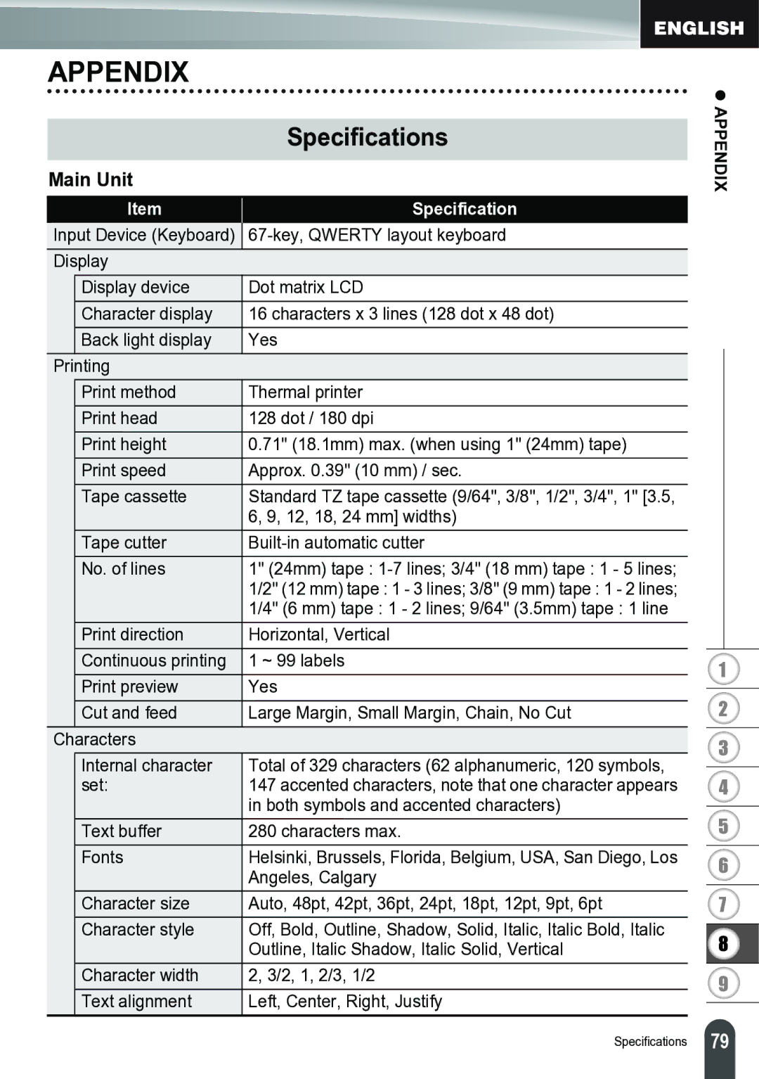 Brother PT-2700 manual Appendix, Specifications, Main Unit 