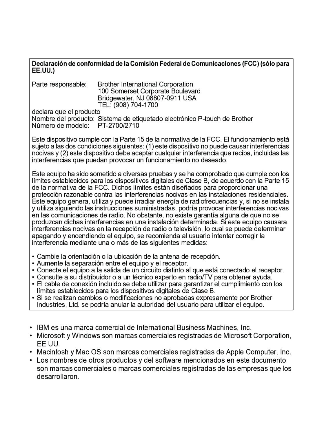 Brother PT-2700 manual Parte responsable Brother International Corporation 