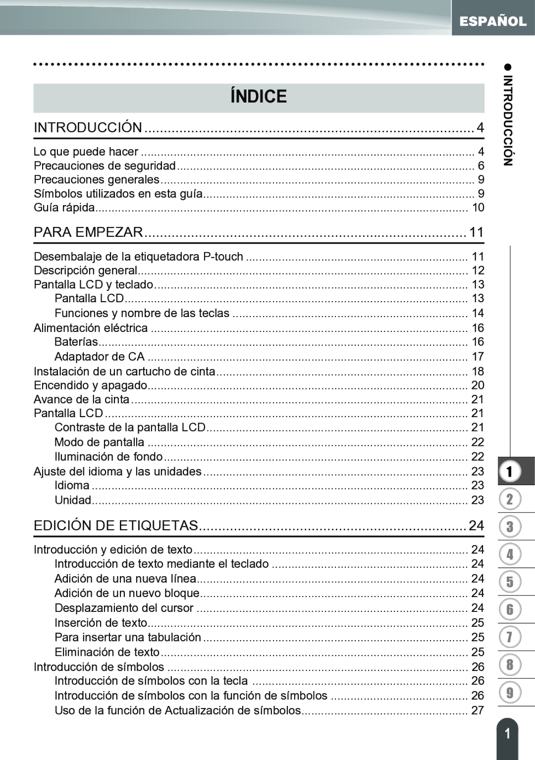 Brother PT-2700 manual Introducción, Pantalla LCD Funciones y nombre de las teclas, Baterías Adaptador de CA, Idioma Unidad 