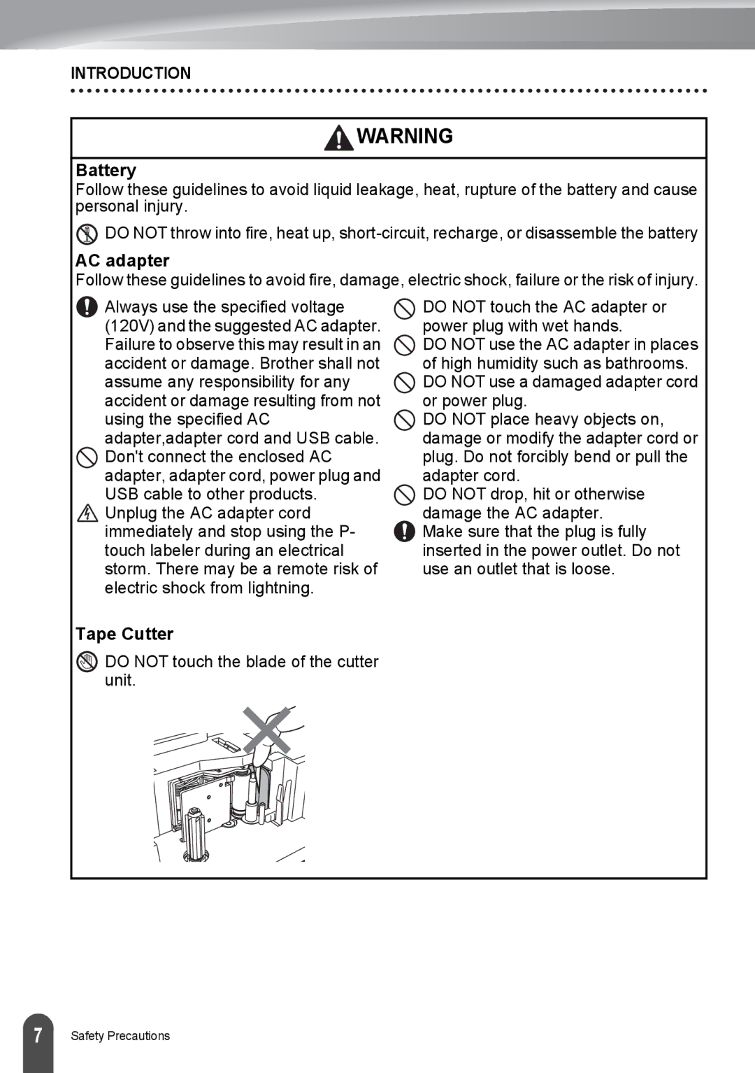 Brother PT-2730, PT2730VP manual Battery, AC adapter, Tape Cutter, Do not touch the blade of the cutter unit 