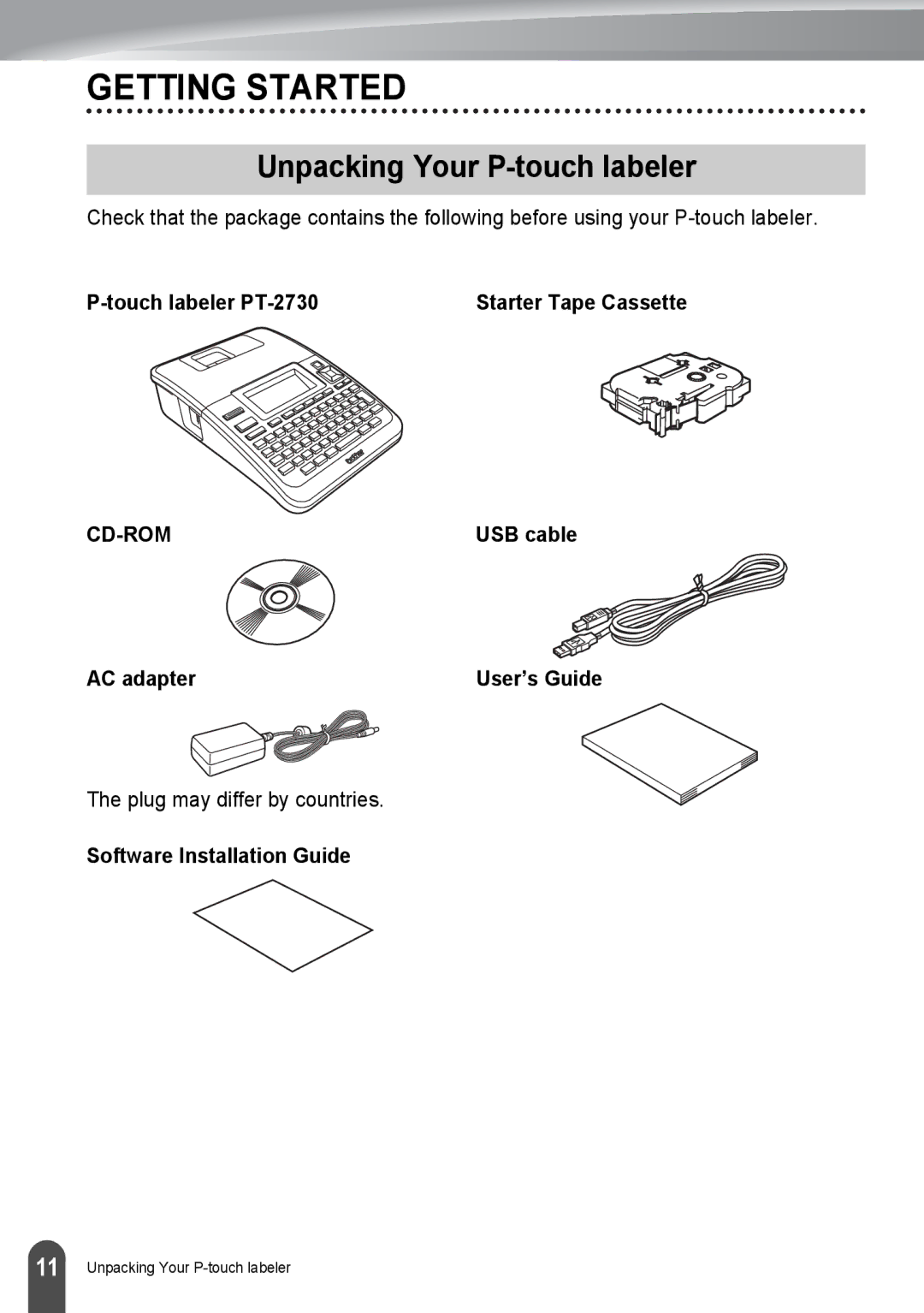 Brother Getting Started, Unpacking Your P-touch labeler, Touch labeler PT-2730, USB cable, Software Installation Guide 