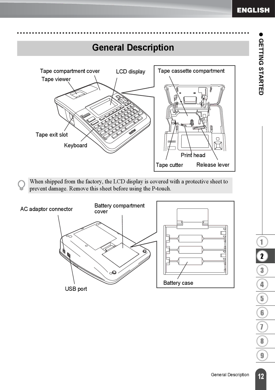 Brother PT2730VP, PT-2730 manual General Description, Getting Started 