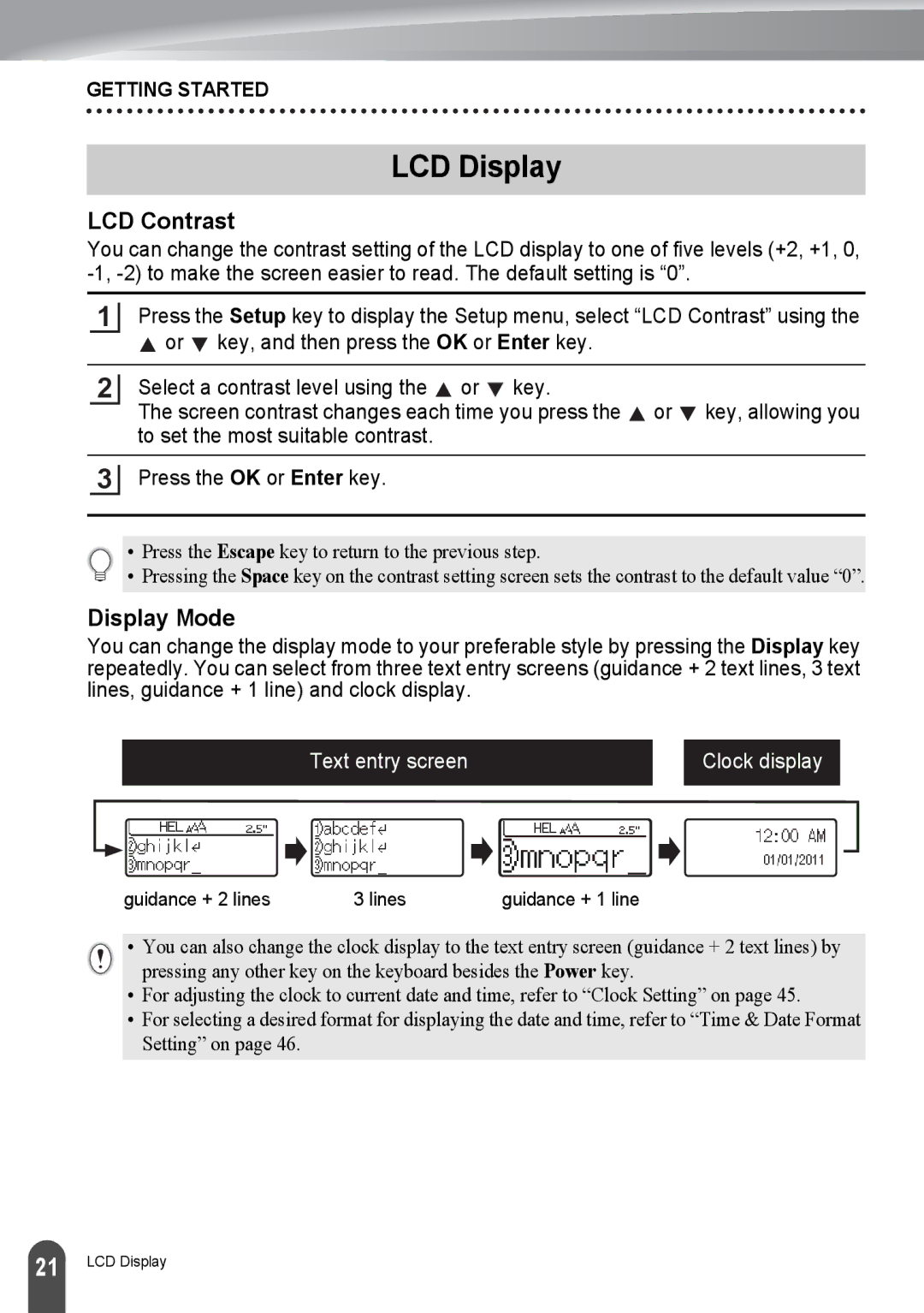 Brother PT-2730, PT2730VP manual LCD Display, LCD Contrast, Display Mode 