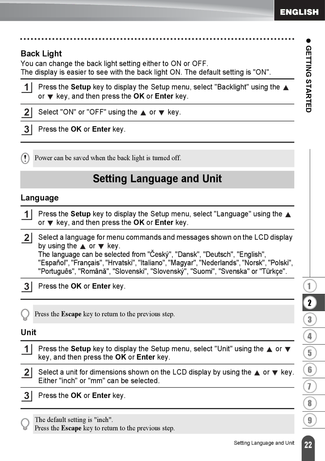 Brother PT2730VP, PT-2730 manual Setting Language and Unit, Back Light 