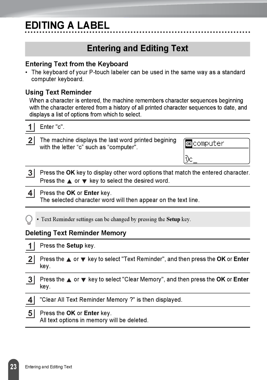 Brother PT-2730, PT2730VP Editing a Label, Entering and Editing Text, Entering Text from the Keyboard, Using Text Reminder 