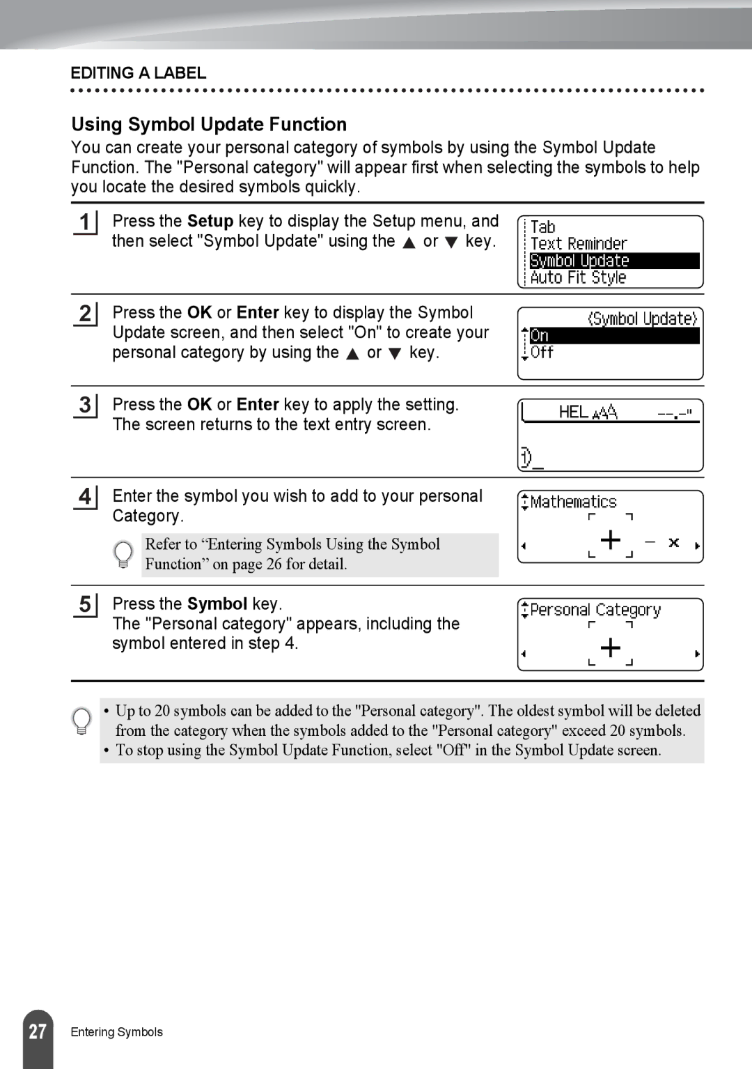 Brother PT-2730, PT2730VP manual Using Symbol Update Function 