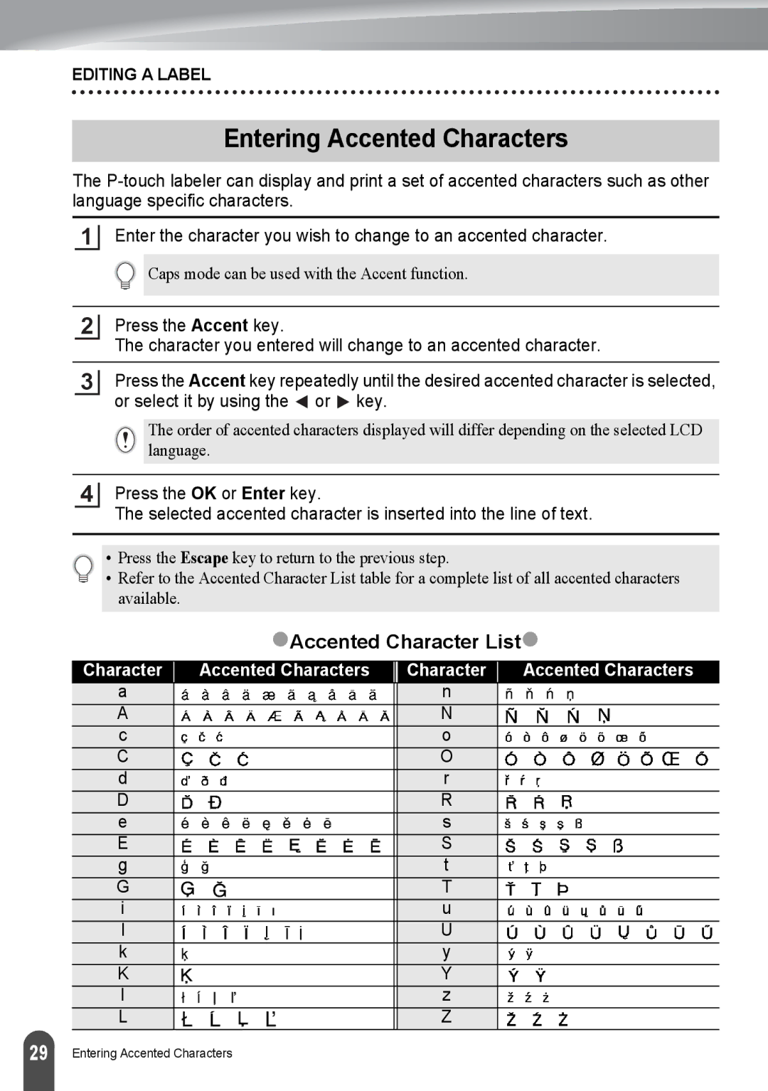 Brother PT-2730, PT2730VP manual Entering Accented Characters, ZAccented Character Listz 