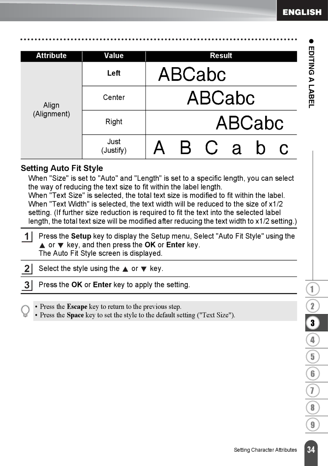 Brother PT2730VP, PT-2730 manual Setting Auto Fit Style, Attribute Value, Left, Center Align Alignment Right Just Justify 