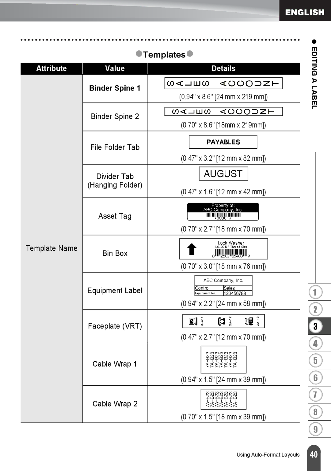 Brother PT2730VP, PT-2730 manual Attribute Value Details, Binder Spine, 94 x 8.6 24 mm x 219 mm 