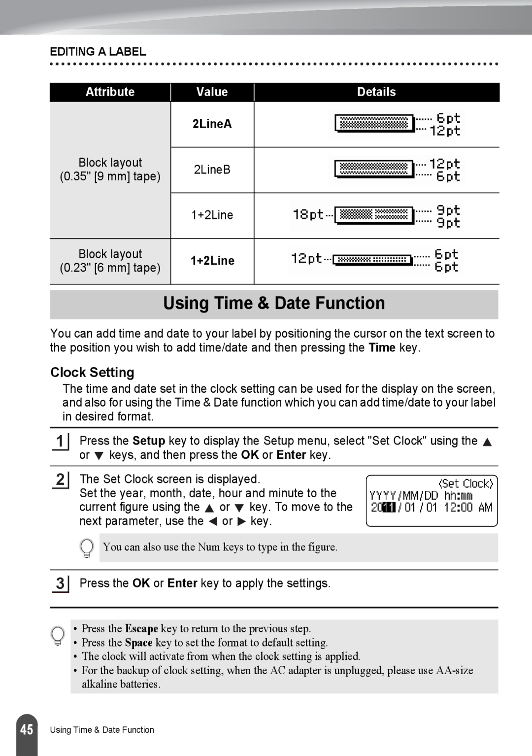 Brother PT-2730, PT2730VP Using Time & Date Function, Clock Setting, Block layout 2LineB 35 9 mm tape +2Line, 23 6 mm tape 