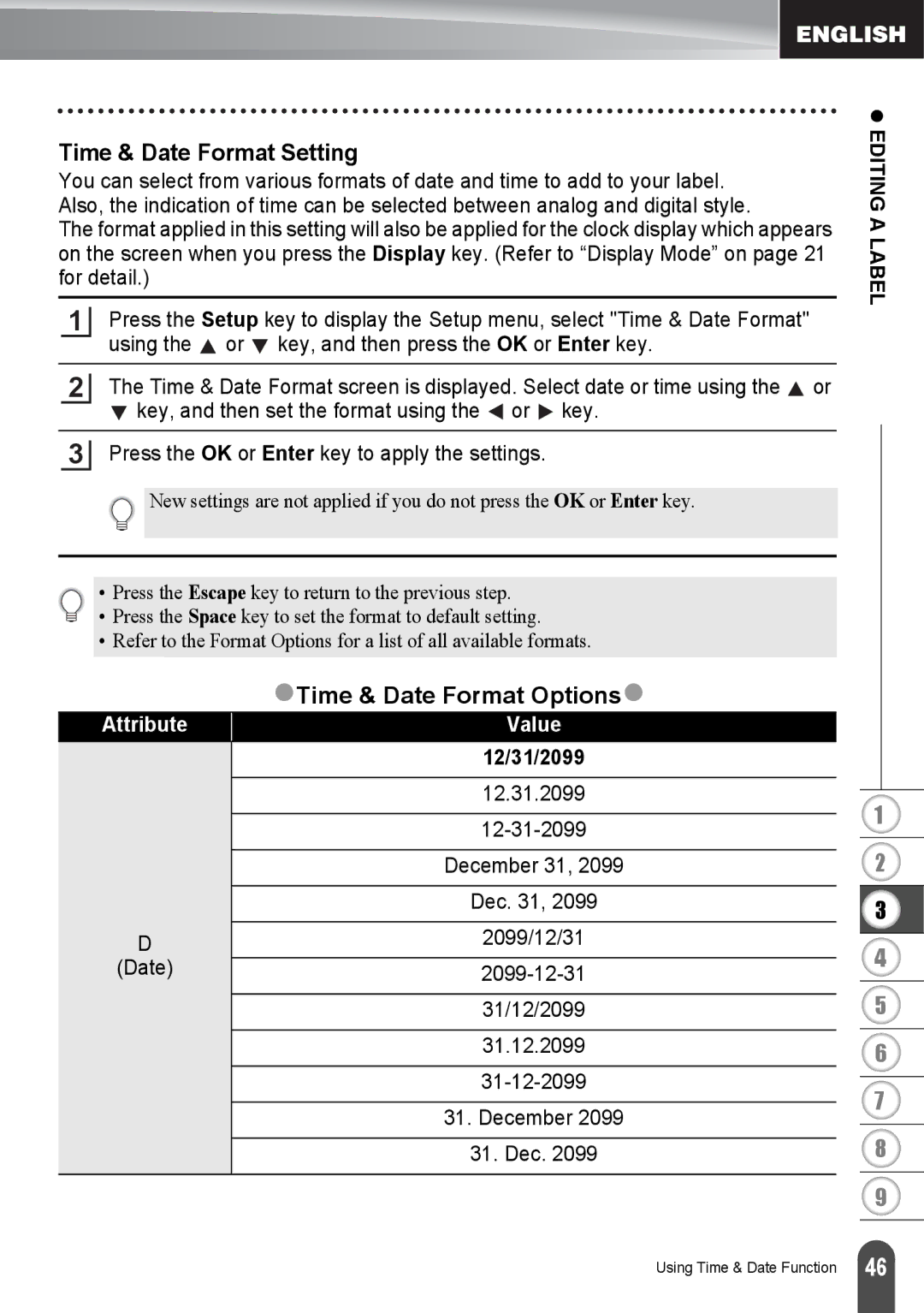 Brother PT2730VP, PT-2730 manual Time & Date Format Setting, ZTime & Date Format Optionsz, Attribute, 12/31/2099 