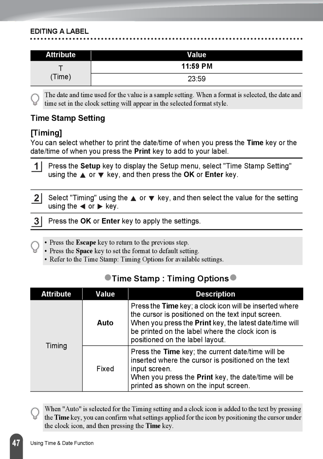 Brother PT-2730, PT2730VP manual Time Stamp Setting Timing, ZTime Stamp Timing Optionsz, Attribute Value Description 