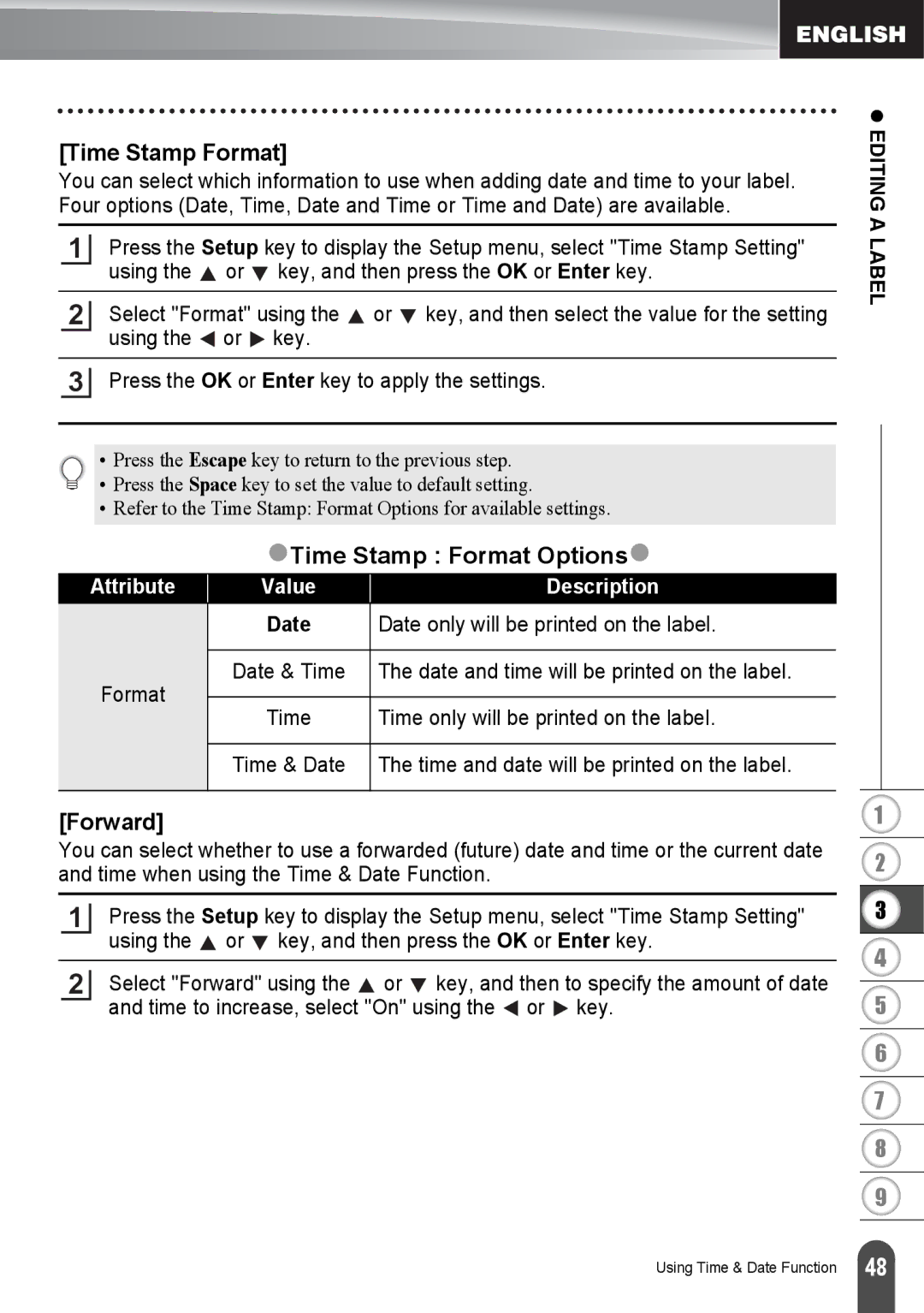 Brother PT2730VP, PT-2730 manual ZTime Stamp Format Optionsz, Forward, Date only will be printed on the label 