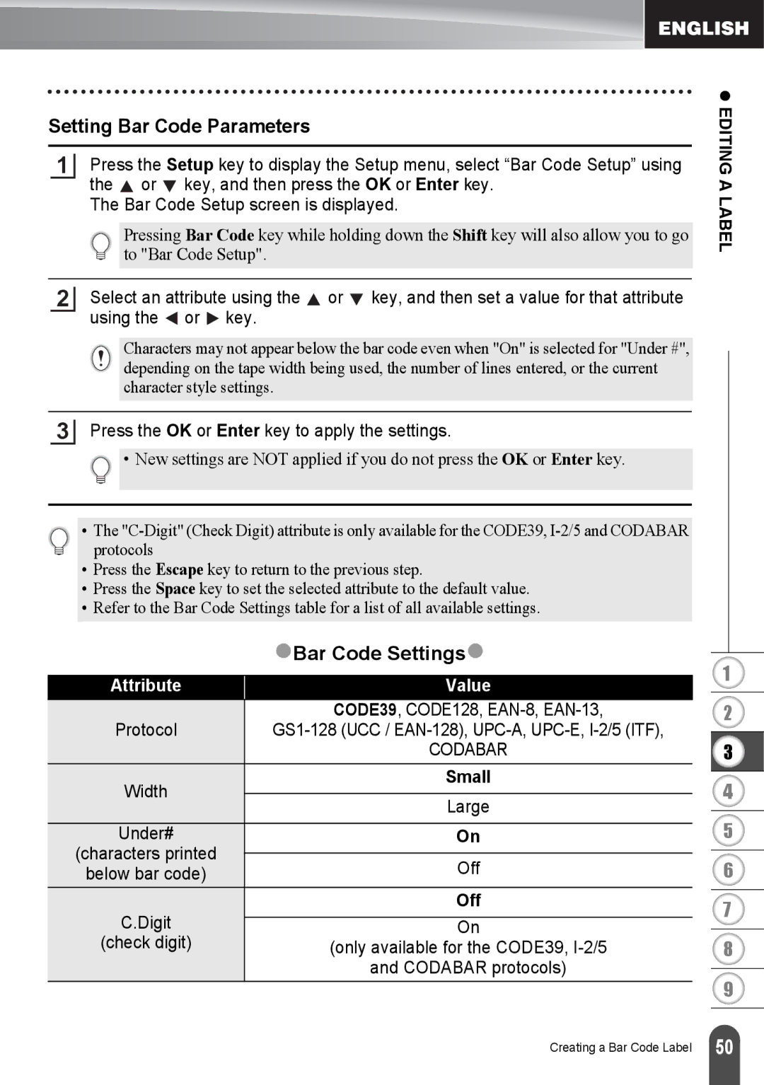 Brother PT2730VP, PT-2730 manual Setting Bar Code Parameters, ZBar Code Settingsz 