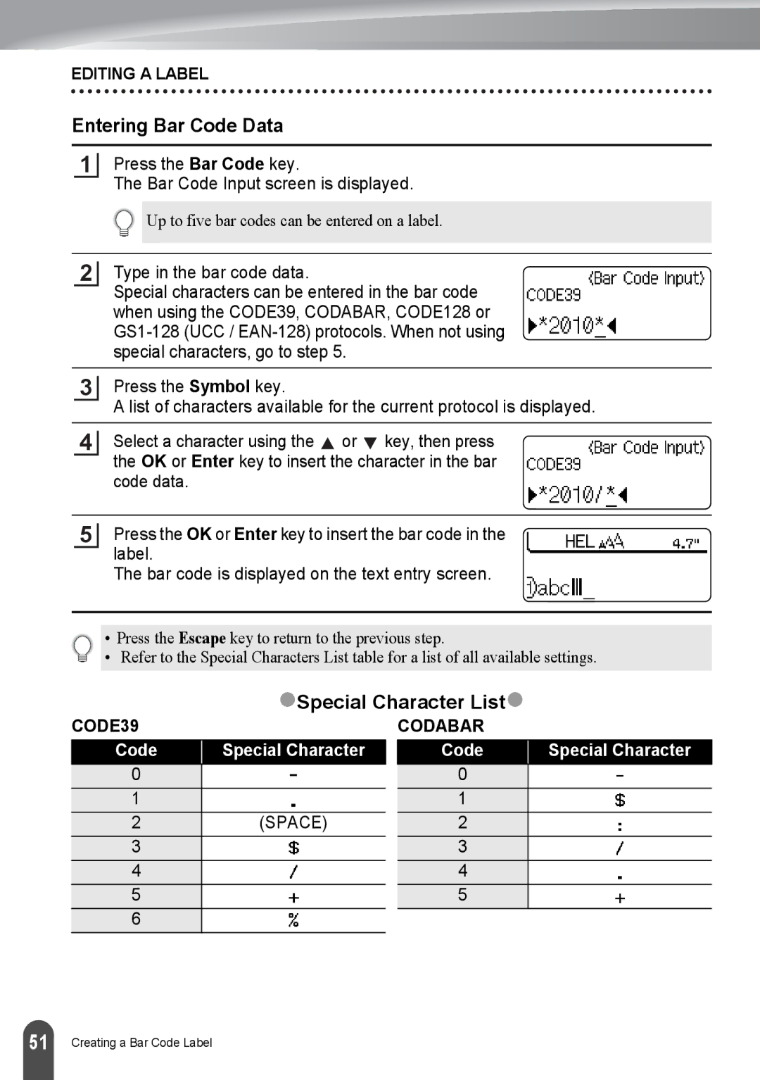 Brother PT-2730, PT2730VP manual Entering Bar Code Data, ZSpecial Character Listz 