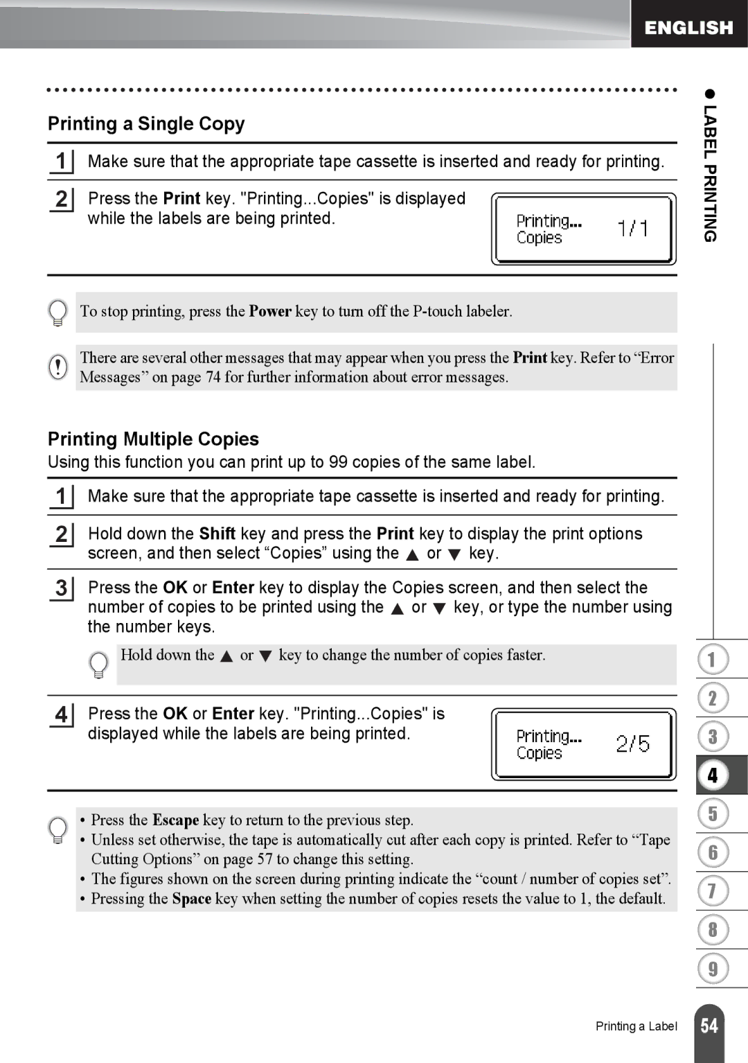 Brother PT2730VP, PT-2730 manual Printing a Single Copy, Printing Multiple Copies, Label Printing 