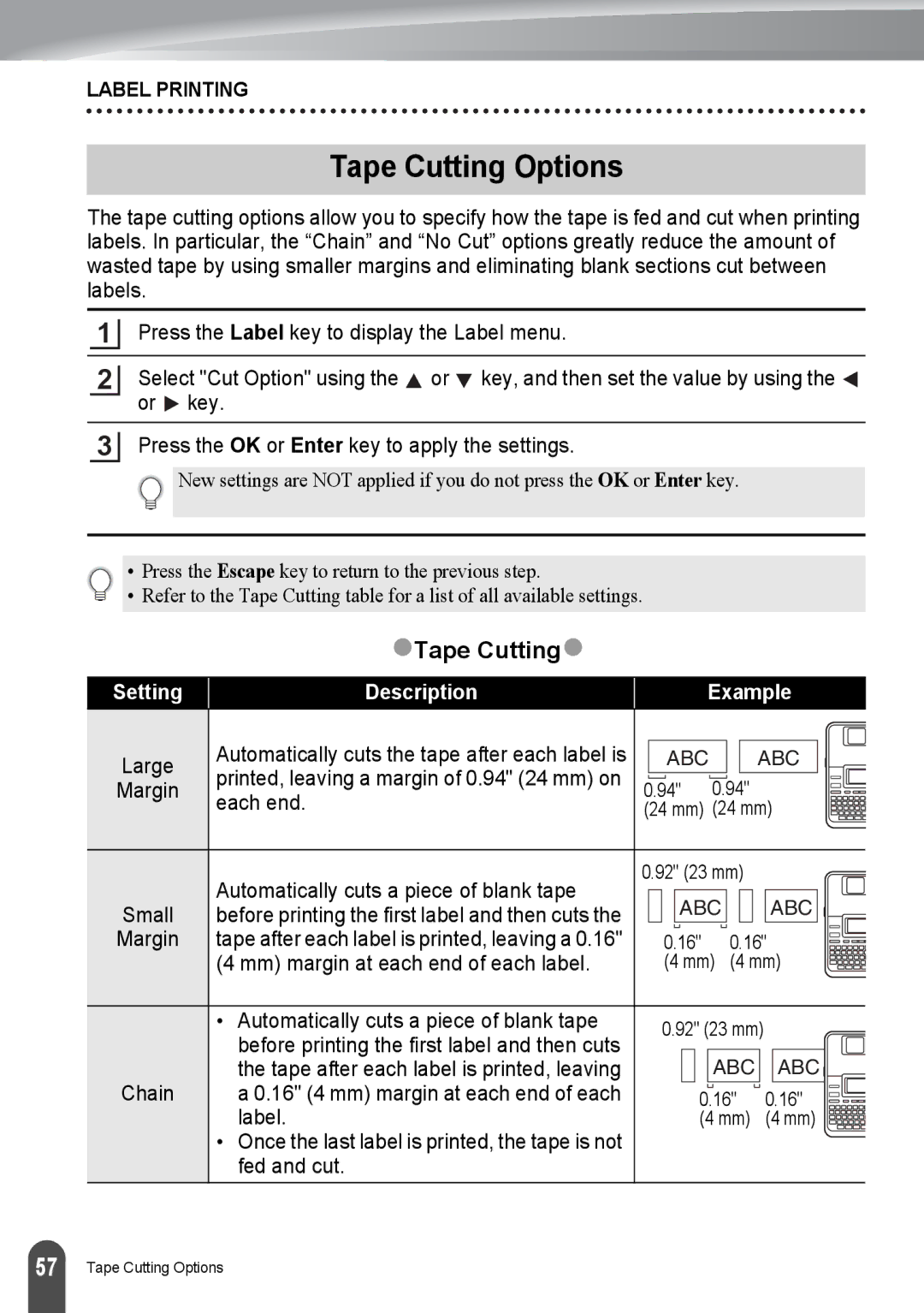 Brother PT-2730, PT2730VP manual Tape Cutting Options, ZTape Cuttingz, Setting Description Example 