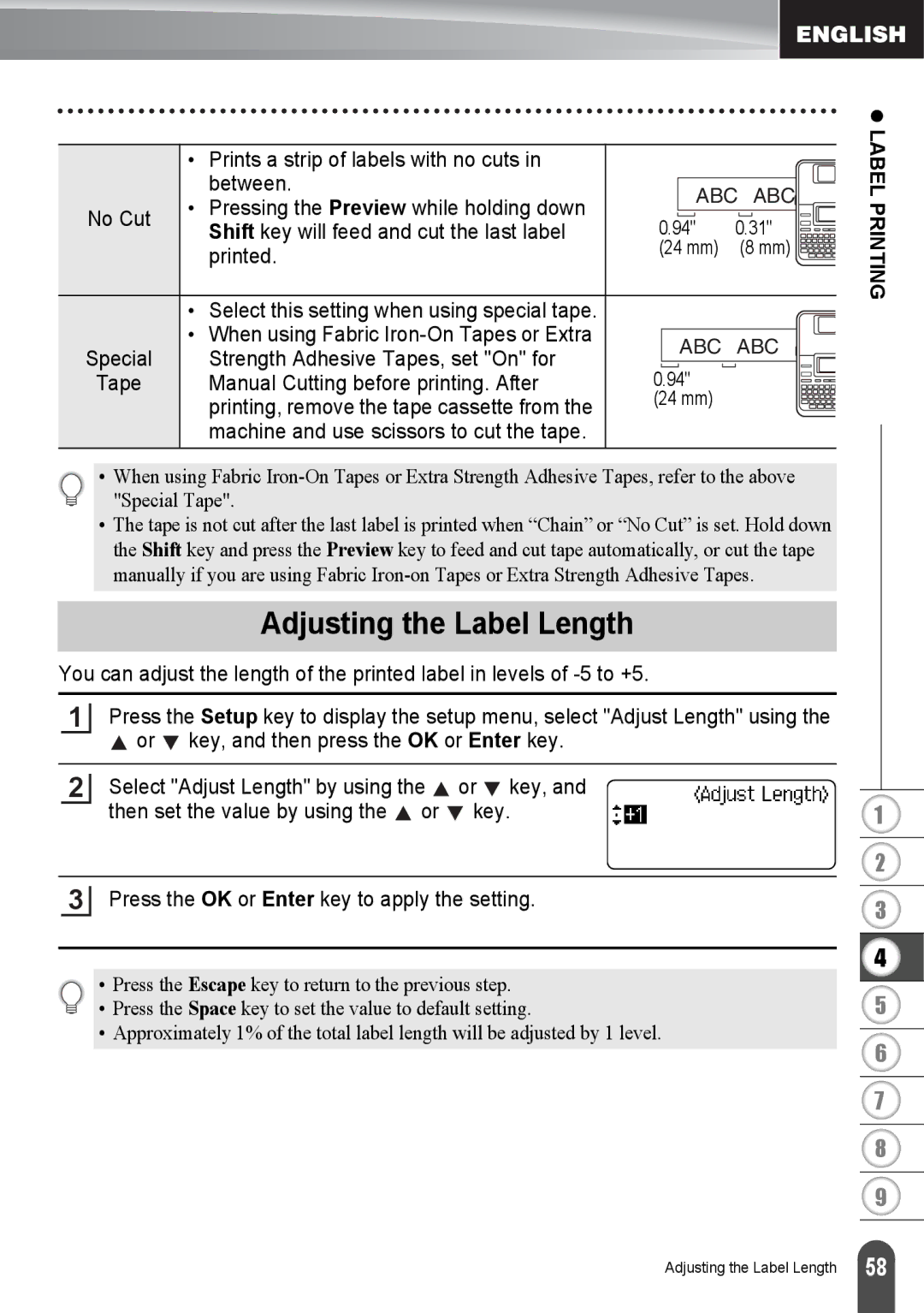 Brother PT2730VP, PT-2730 manual Adjusting the Label Length, Prints a strip of labels with no cuts Between 