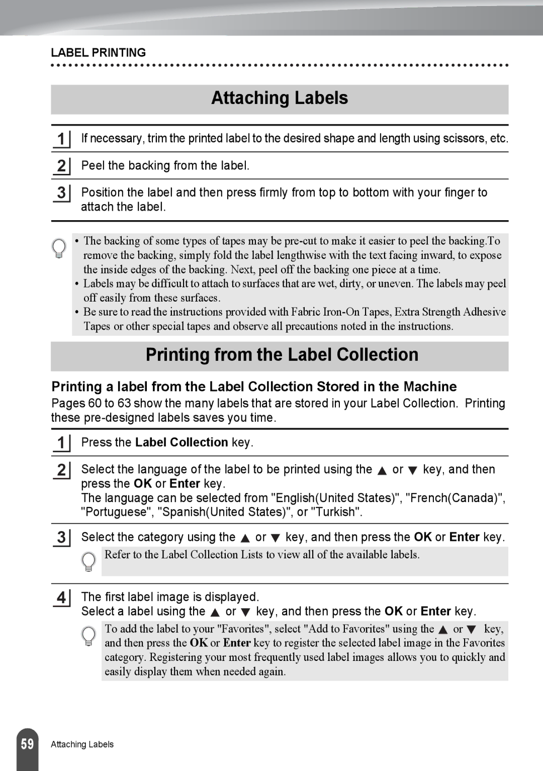 Brother PT-2730, PT2730VP manual Attaching Labels, Printing from the Label Collection, Press the Label Collection key 