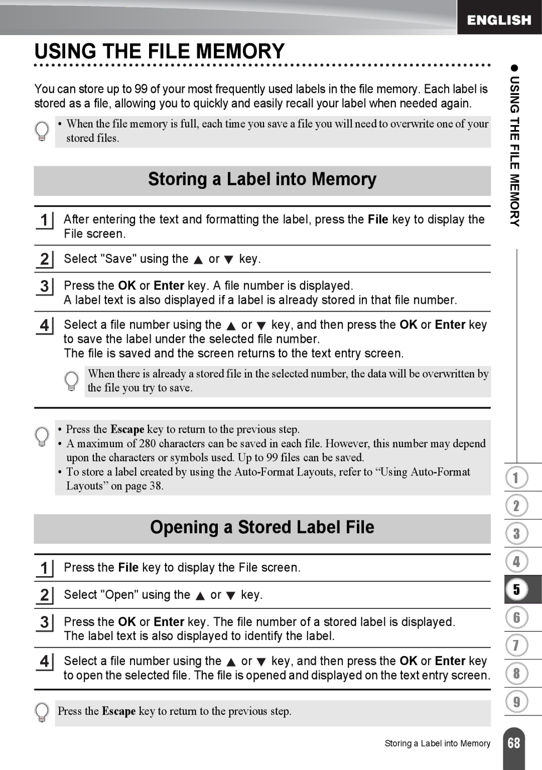 Brother PT2730VP, PT-2730 manual Using the File Memory, Storing a Label into Memory, Opening a Stored Label File 